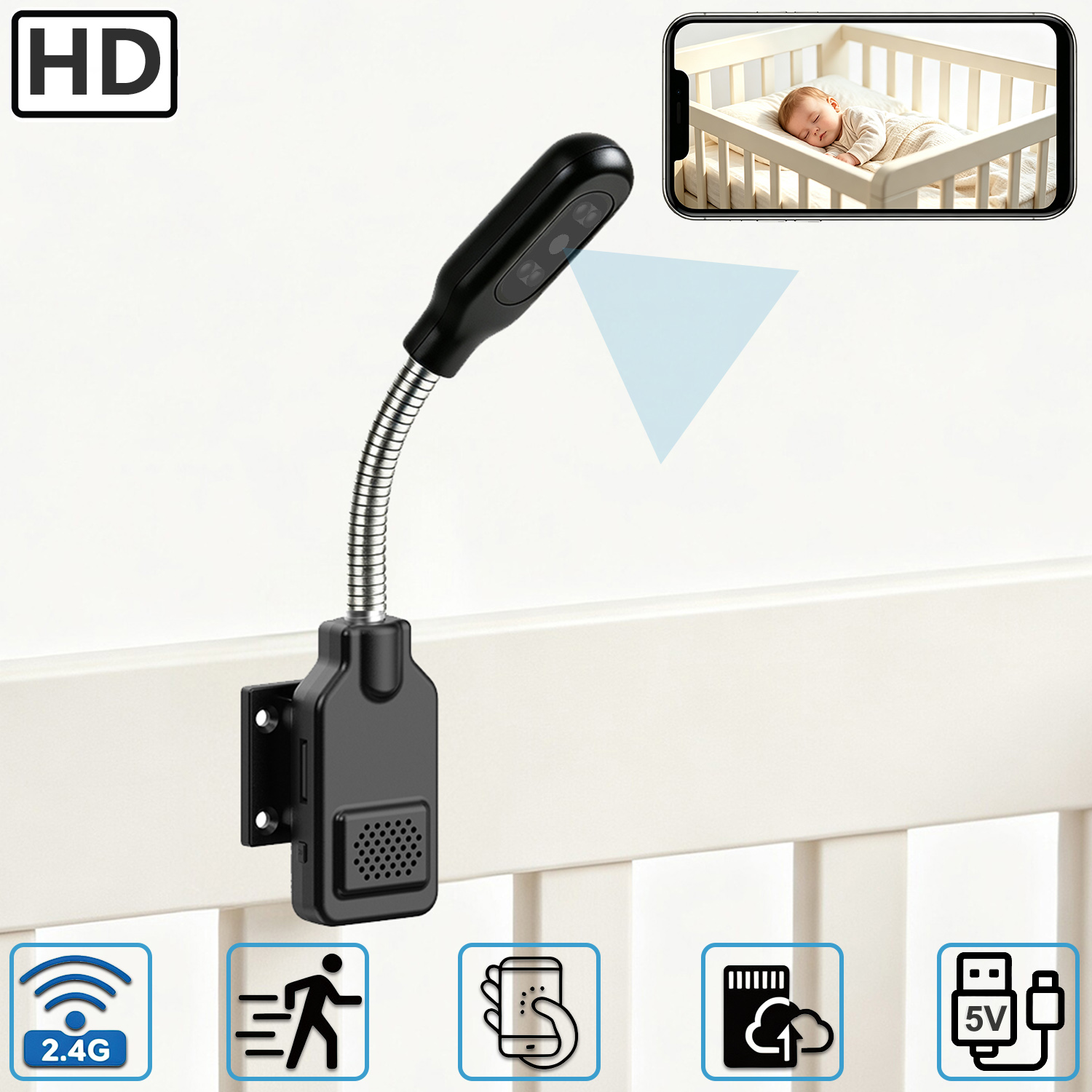 Home Security Ideas - กล้องตรวจสอบเด็กและสัตว์เลี้ยงแบบคอห่านปรับได้, กล้องรักษาความปลอดภัย WiFi สำหรับบ้านที่ไม่ต้องติดตั้ง, ระบบเสียงสองทาง, ตรวจจับการเคลื่อนไหว