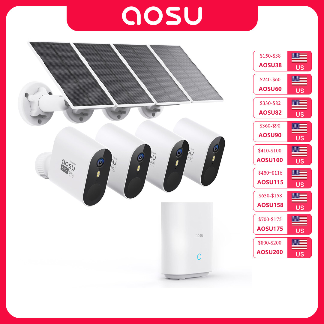 Home Security Panel - ระบบกล้องวงจรปิดพลังงานแสงอาทิตย์ AOSU 5MP สำหรับภายนอกอาคาร ชุดกล้อง 4