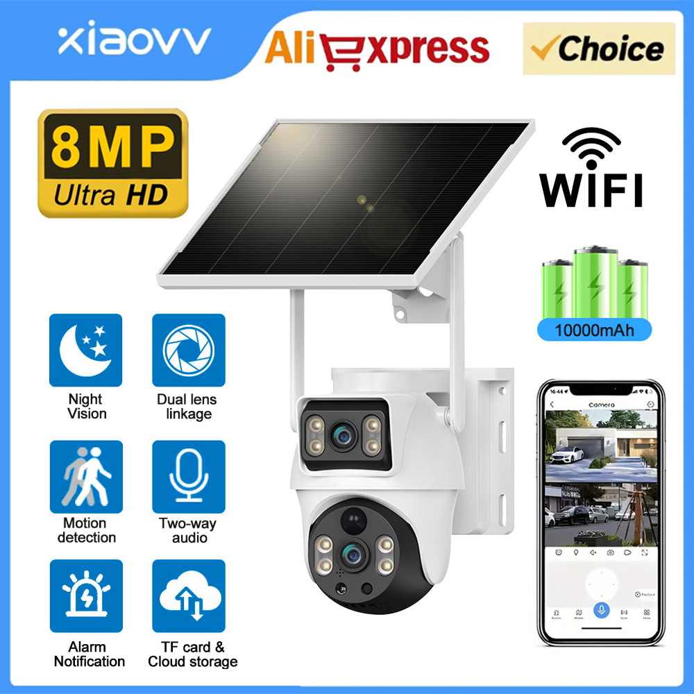 Home Security Panel - กล้องวงจรปิดพลังงานแสงอาทิตย์ WiFi แบบสองเลนส์ สำหรับภายนอกอาคาร ความละเอียด 8MP